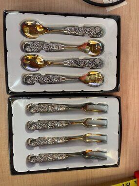 Elegant 6-Piece Gold & Silver Spoon And Fork Set With Ornate Floral Handles - Pe